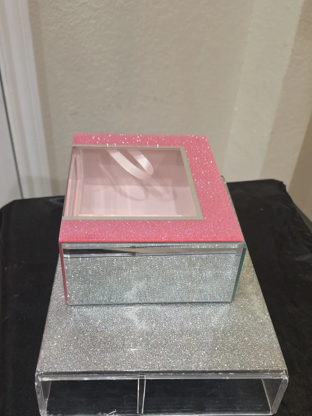 At Home Pink Glitter Mirrored Decorative Jewelry Organizer Box